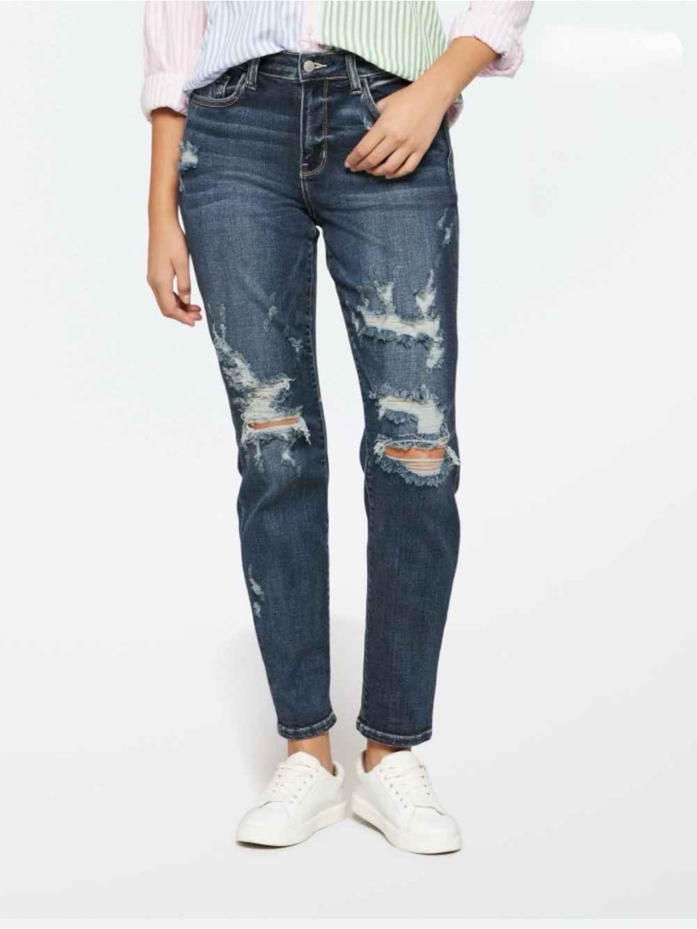 JUDY BLUE Jerri Mid Rise Bleach Splash Boyfriend Jeans- Indigo - Waist 27”
